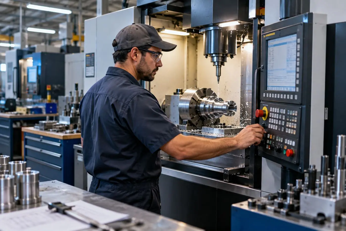 machinist at a CNC cell