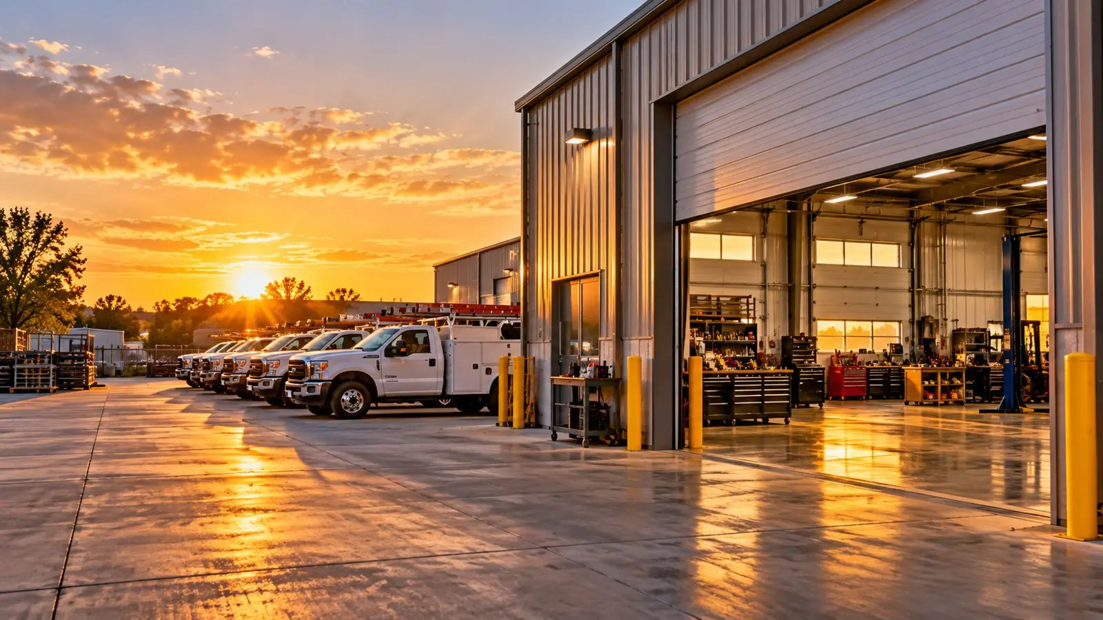A service contractor’s shop and truck fleet at sunset
